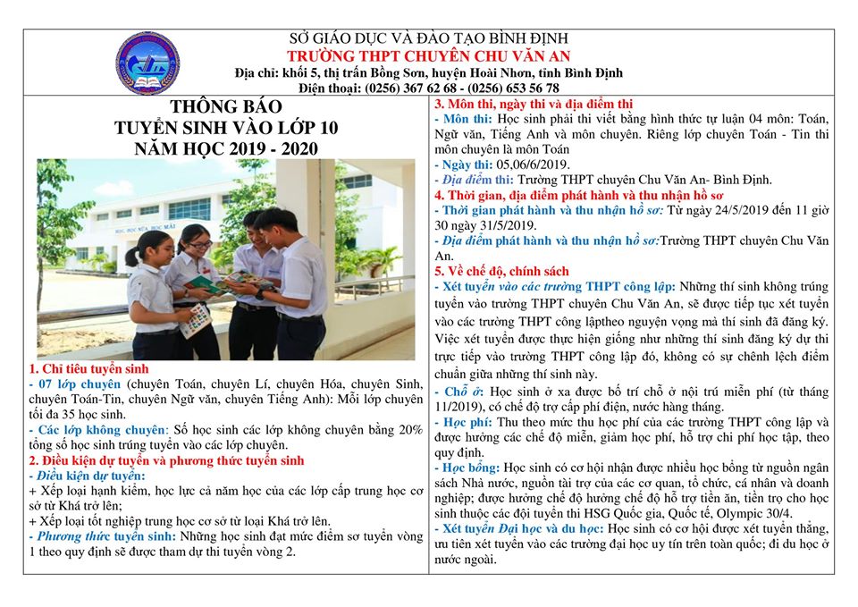 Thông báo tuyển sinh vào lớp 10 Trường THPT chuyên Chu Văn An năm học 2019 - 2020