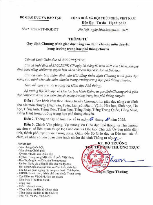 THÔNG TƯ 22/2025/TT-BGDĐT NGÀY 30/9/2025 QUY ĐỊNH CHƯƠNG TRÌNH GIÁO DỤC  NÂNG CAO  DÀNH CHO CÁC MÔN CHUYÊN TRONG TRƯỜNG THPT CHUYÊN