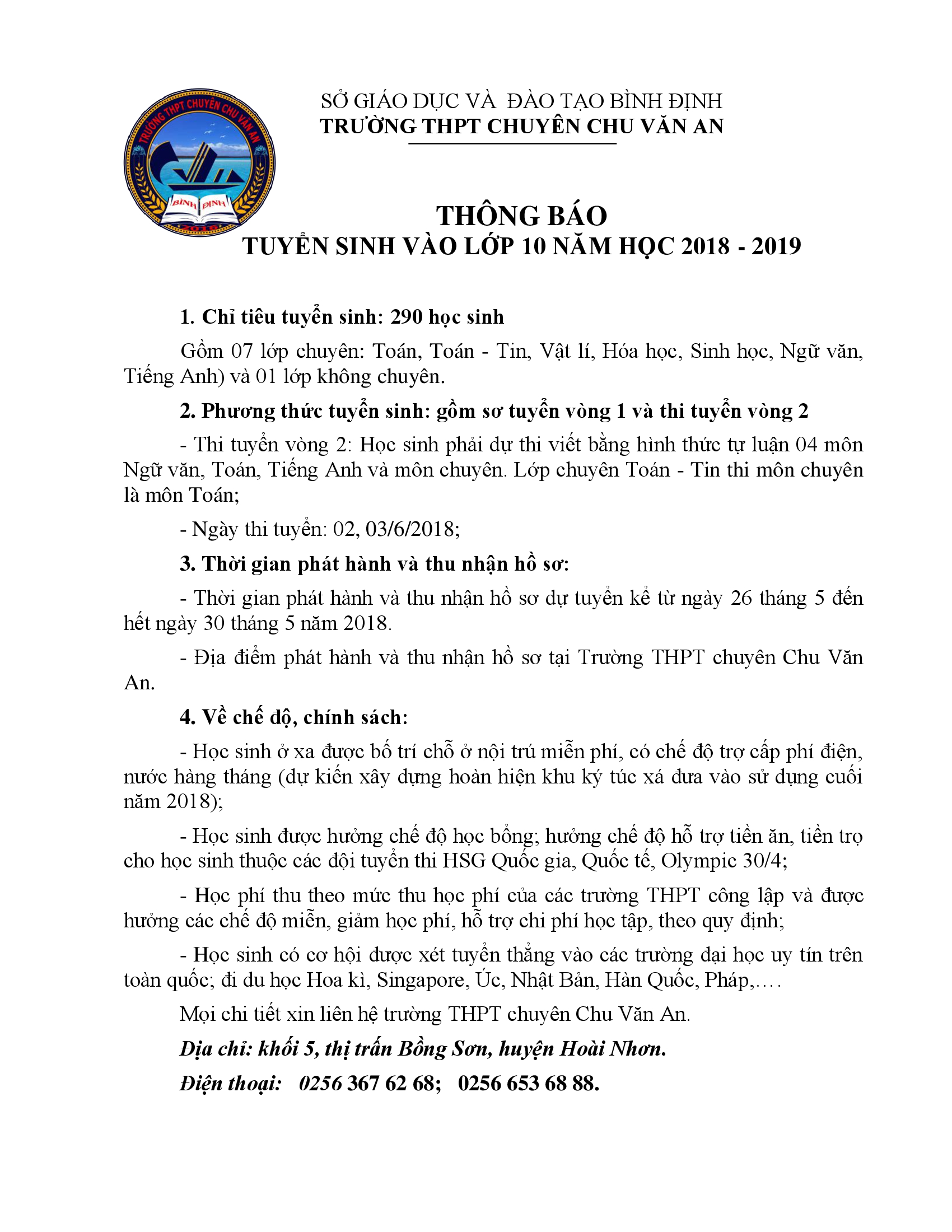 Thông báo Tuyển sinh vào lớp 10 năm học 2018-2019 Trường THPT chuyên Chu Văn An
