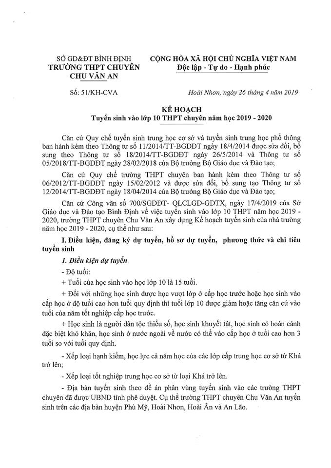 Kế hoạch tuyển sinh vào lớp 10 Trường THPT chuyên Chu Văn An năm học 2019 - 2020
