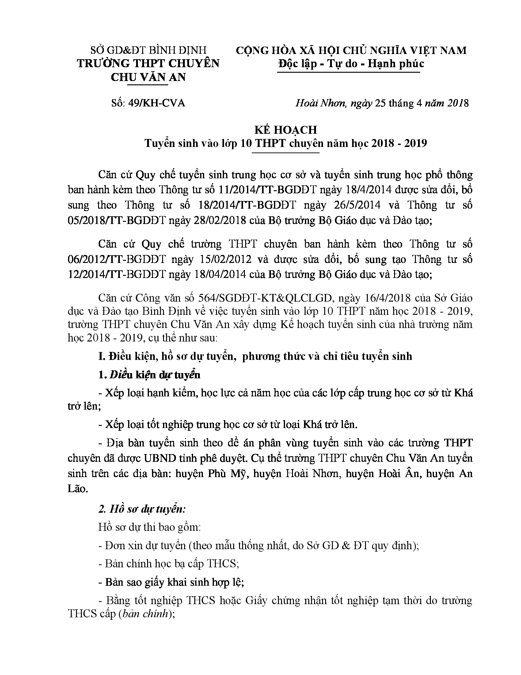 Kế hoạch Tuyển sinh vào lớp 10 Trường THPT chuyên Chu Văn An năm học 2018 - 2019