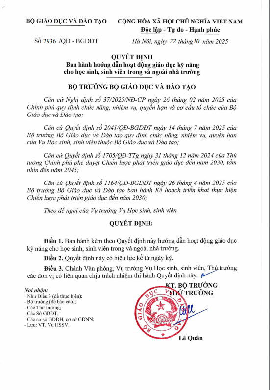 QUYẾT ĐỊNH BAN HÀNH HƯỚNG DẪN HOẠT ĐỘNG GIÁO DỤC KỸ NĂNG CHO HỌC SINH, SINH VIÊN TRONG VÀ NGOÀI NHÀ TRƯỜNG